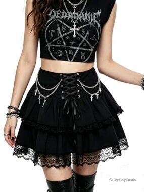 Goth Fluffy Mini Skirt A-Line High Rise Lace Trim Tiered Punk Lolita